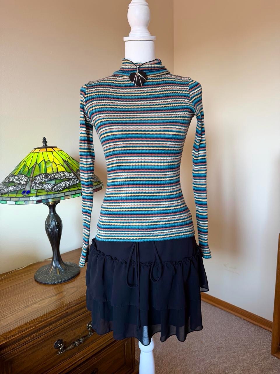 Vintage 90s Striped Turtleneck Top With Horizontal Stripes In Teal Blue — image 3 of 8